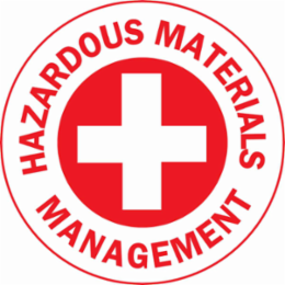HAZARDOUS MATERIALS MANAGEMENT Hard Hat Labels, 2" Dia, Card of 4 Labels, Red on White