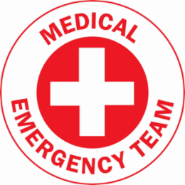MEDICAL EMERGENCY TEAM Hard Hat Labels, 2" Dia, Card of 4 Labels, Red on White