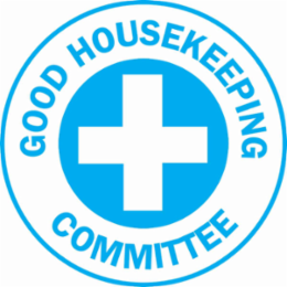 GOOD HOUSEKEEPING COMMITTEE Hard Hat Labels, 2" Dia, Card of 4 Labels, Blue on White
