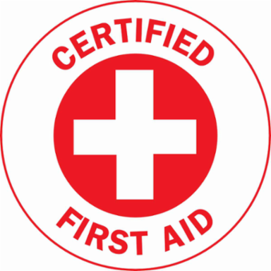CERTIFIED FIRST AID Hard Hat Labels, 2" Dia, Card of 4 Labels, Red on White