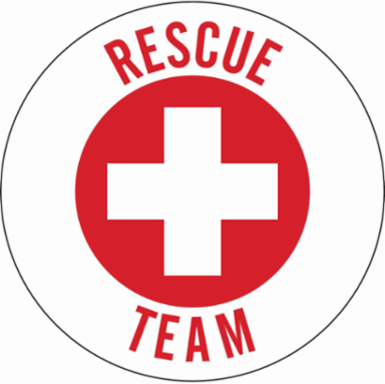 RESCUE TEAM Hard Hat Labels, 2" Dia, Card of 4 Labels, Red on White