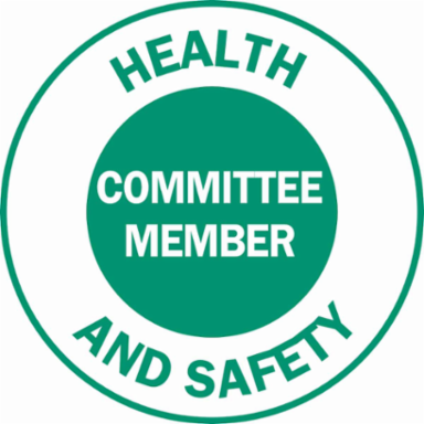 HEALTH AND SAFETY/COMMITTEE MEMBER Hard Hat Labels, 2" Dia, Card of 4 Labels, Green on White