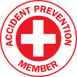 ACCIDENT PREVENTION MEMBER Hard Hat Labels, 2 Inch Diameter, Vinyl, Red on White