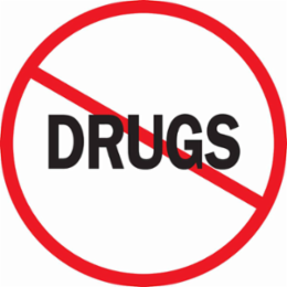 DRUGS Hard Hat Labels, 2" Dia, Card of 4 Labels, Black/Red on White