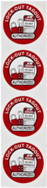 LOCKOUT TAGOUT AUTHORIZED Hard Hat Labels, 2" Dia x 0.004" D, Card of 4 Labels, Black/Red on White