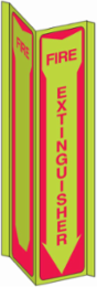 BradyGlo V Fire Extinguisher Sign, 18 Inch H x 7.5 Inch W, 3-Way View, Red on Glow