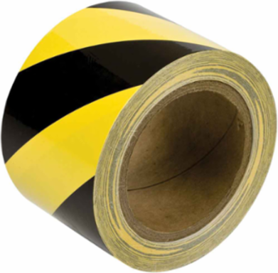 Warning Message Floor Marking Tape Roll - High Performance Vinyl, Diagonal Stripes, Black on Yellow, 3"x 60'