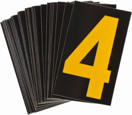 Reflective Number and Letter Labels, 1.875 Inch H x 1.375 Inch W, Pack of 25, Yellow on Black