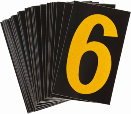 Reflective Number & Letter Labels, 1.875 Inch H x 1.375 Inch W, Pack of 25, Yellow on Black