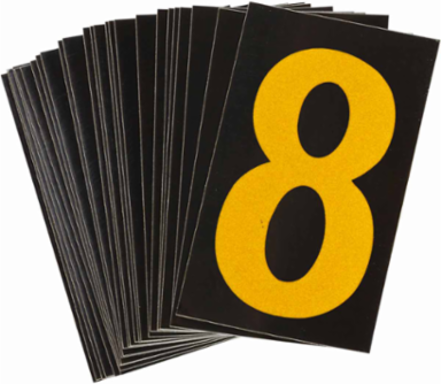 Reflective Number & Letter Labels, 1.875 Inch H x 1.375 Inch W, Pack of 25, Yellow on Black