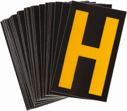 Reflective Number and Letter Labels, 1.875 Inch H x 1.375 Inch W, Pack of 25, Yellow on Black