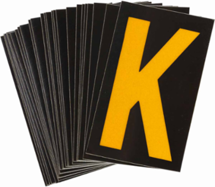 Reflective Number and Letter Labels 1.875 Inch H x 1.375 Inch W, Pack of 25, Yellow on Black