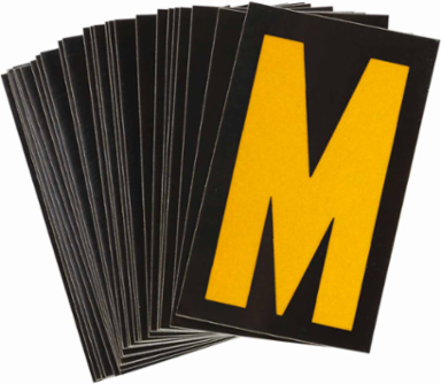 Reflective Number and Letter Labels, 1.875 Inch H x 1.375 Inch W, Pack of 25, Yellow on Black