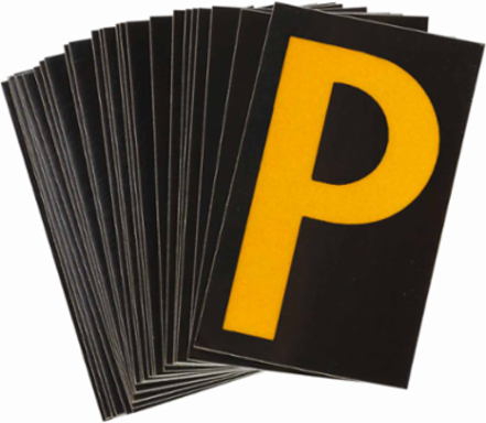 Reflective Number & Letter Labels, 1.875 Inch H x 1.375 Inch W, Pack of 25, Yellow on Black
