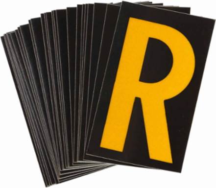 Reflective Number and Letter Labels, 1.875 Inch H x 1.375 Inch W, Pack of 25, Yellow on Black