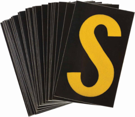 Reflective Number and Letter Labels, 1.875 Inch H x 1.375 Inch W, Pack of 25, Yellow on Black