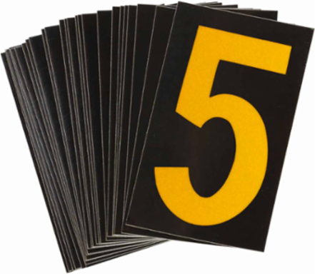 Reflective Number & Letter Labels, 1.5 Inch H x 1 Inch W, Pack of 25, Yellow on Black