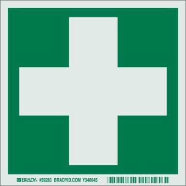 BradyGlo First Aid Symbol Sign, 6 Inch x 6 Inch x 0.008 Inch, Photoluminescent Polyester