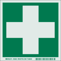 BradyGlo First Aid Symbol Sign, 6 Inch x 6 Inch x 0.008 Inch, Photoluminescent Polyester
