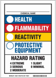 Chemical Name Health Flammability Reactivity Protective Equipment Sign, 10" H x 7" W x 0.006" D, Black/Blue/Red/Yellow on White