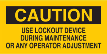 Caution Use Lockout Device During Maintenance Or Any Operator Adjustment Sign, 2.25" H x 4.5" W x 0.004" D, Vinyl
