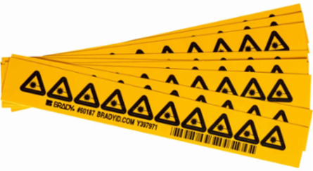 Warning Label w/Laser Beam Pictogram, Vinyl, Black on Yellow, 0.5" H x 0.5" W