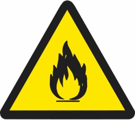 Warning Labels: Vinyl, Black on Yellow, 2" H x 2" W, Flammable Material Pictogram