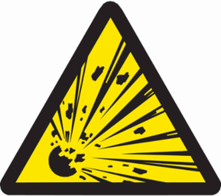 Warning Labels: Vinyl, Black on Yellow, 2" H x 2" W, Explosive Material Pictogram