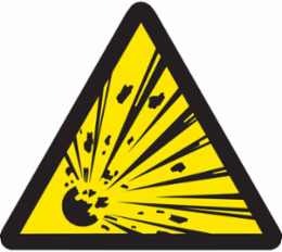Warning Labels: Vinyl, Black on Yellow, 2" H x 2" W, Explosive Material Pictogram