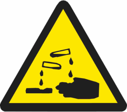 Warning Labels: Vinyl, Black on Yellow, 2" H x 2" W, Acid Pictogram