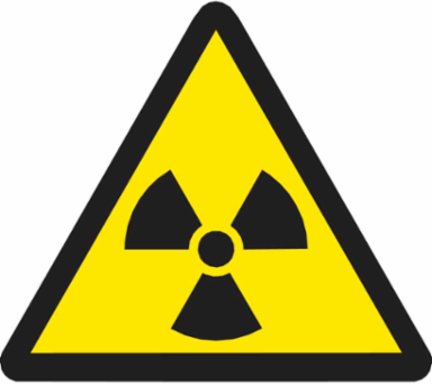 Warning Label w/Radioactive Material Pictogram, Vinyl, Black on Yellow, 2" H x 2" W