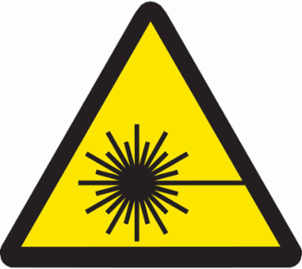 Warning Label w/Laser Beam Pictogram, Vinyl, Black on Yellow, 2" H x 2" W