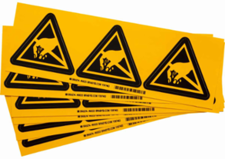 Warning Label w/Static Sensitive Devices Pictogram, Vinyl, Black on Yellow, 4" H x 4" W
