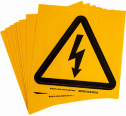 Warning Label w/Electric Voltage Pictogram, Vinyl, Black on Yellow, 8" H x 8" W