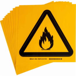Warning Labels: Vinyl, Black on Yellow, 8" H x 8" W, Flammable Material Pictogram
