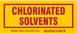 CHLORINATED SOLVENTS Labels, 3" H x 7" W x 0.006" D, Red on Yellow