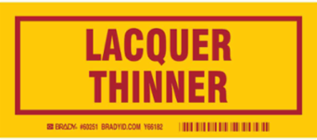 LACQUER THINNER Labels, 3" H x 7" W x 0.006" D, Red on Yellow