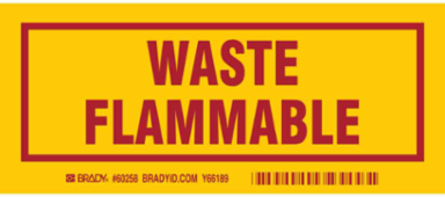 WASTE FLAMMABLE Labels, 3" H x 7" W x 0.006" D, Red on Yellow