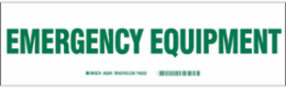 EMERGENCY EQUIPMENT Label, Green on White, 3.5" H x 12" W x 0.006" D