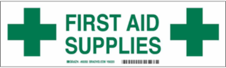 FIRST AID SUPPLIES Label, Green on White, 3.5" H x 12" W x 0.006" D