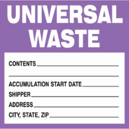 UNIVERSAL WASTE Hazardous Waste Labels, 6" H x 6" W x 0.0038" D, Black/Purple on White