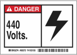 DANGER 440 Volts. Labels, 3.5" H x 5" W x 0.006" D, Black/Red on White
