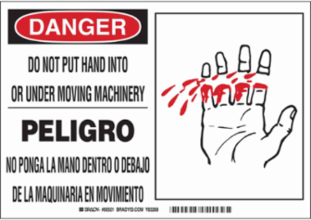DANGER Do Not Put Hand Into Or Under Moving Machine Sign, 7 Inch x 10 Inch, Polyester