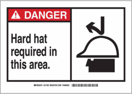 DANGER Hard Hat Required In This Area. Sign, 10" H x 14" W x 0.1" D, Fiberglass