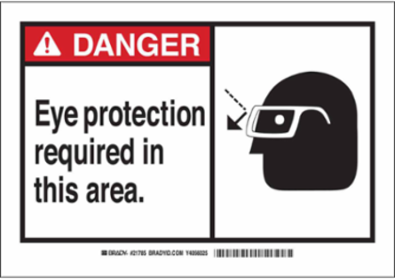 DANGER Eye Protection Required In This Area. Sign, 10" H x 14" W x 0.1" D, Fiberglass