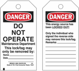 Lockout Tags: DO NOT OPERATE, DANGER this energy source has been LOCKED OUT, Paper