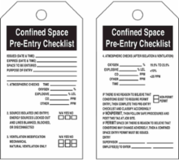 Confined Space Tags: Pre-Entry Checklist, 5.75" H x 3" W, Black on White, (25) 12" Cotton String Ties