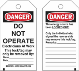 Lockout Tags: DANGER: DO NOT OPERATE Electricians At Work, Pack of 25 Tags