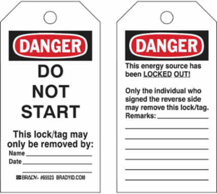 Lockout Tags: DANGER: DO NOT START This lock/tag may only be removed by:, Pack of 25 Tags