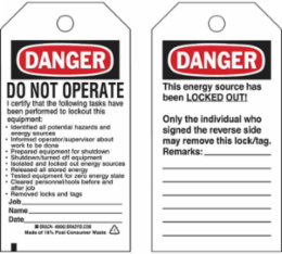 Lockout Tags: DO NOT OPERATE I certify that the following tasks have been performed, Pack of 25